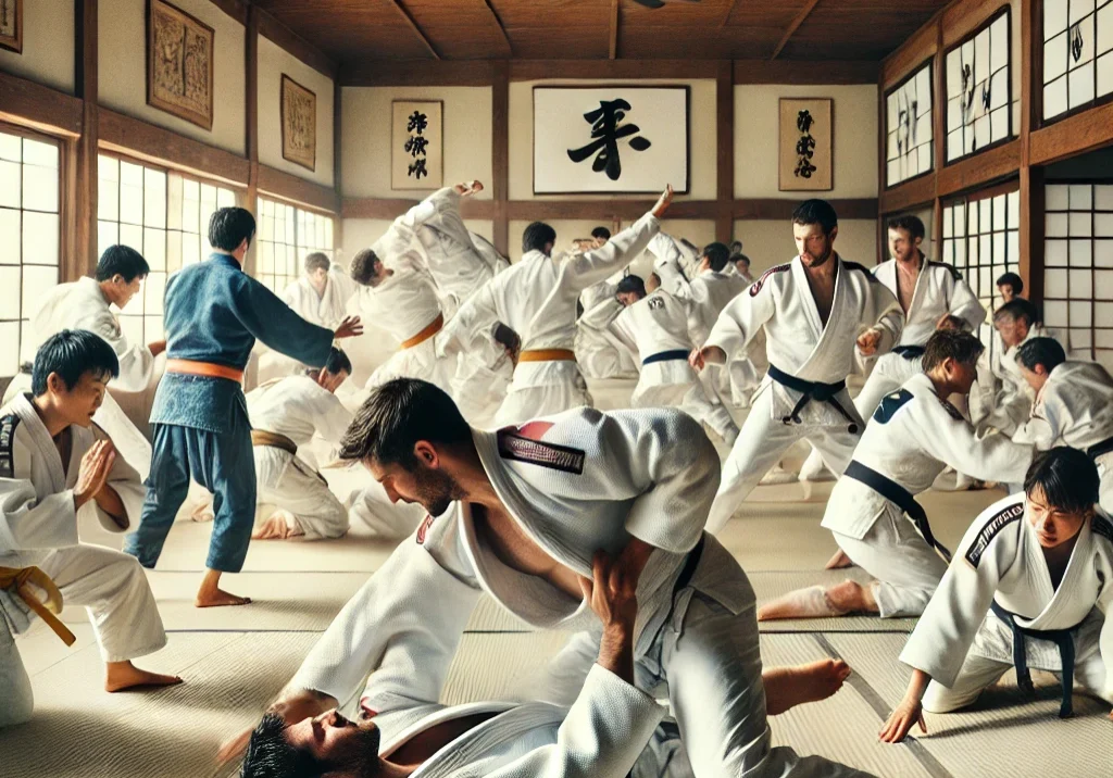 DALL·E 2024-10-15 17.14.55 - A dynamic scene of a judo training session inside a dojo. The image shows judokas of various ages practicing throws, takedowns, and grappling techniqu